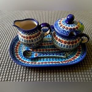 Polish Pottery Sugar Bowl and Cream Set